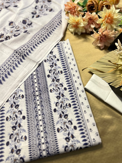 Ivory White & Indigo Blue Karachi Print Cotton Suit – Summer Dailywear Classic