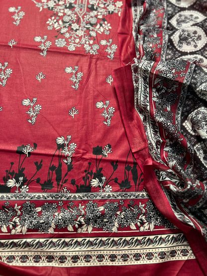 Crimson Red Printed Cotton Suit – Elegant Everyday Wear