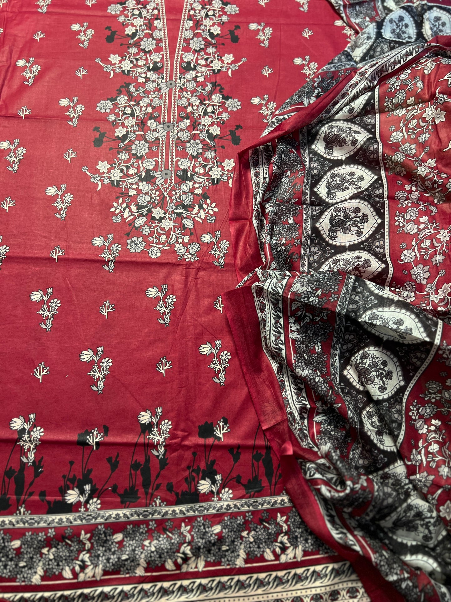 Crimson Red Printed Cotton Suit – Elegant Everyday Wear