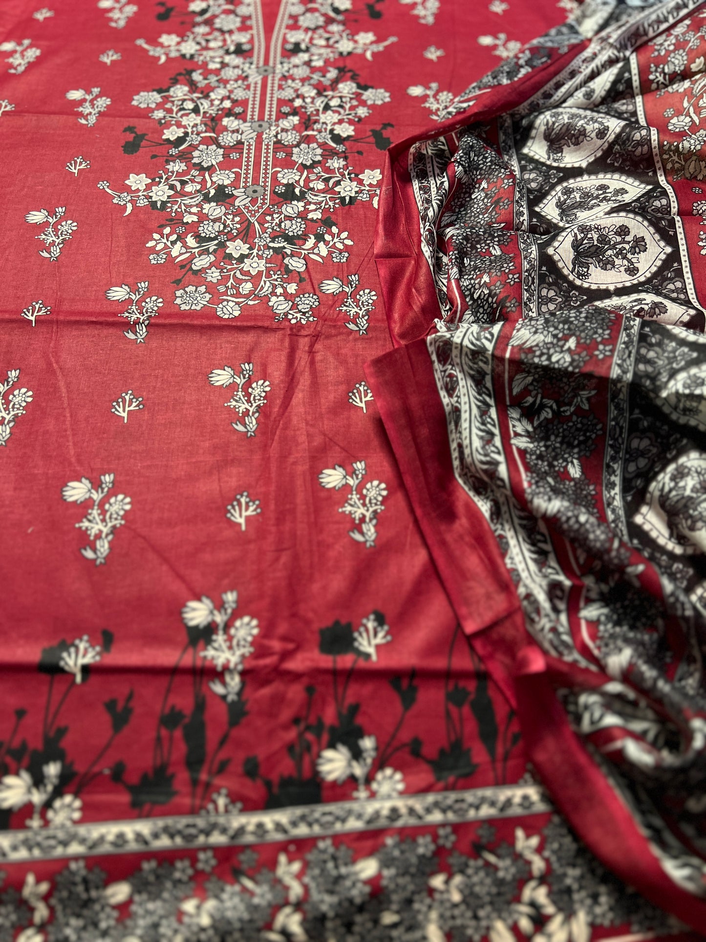 Crimson Red Printed Cotton Suit – Elegant Everyday Wear