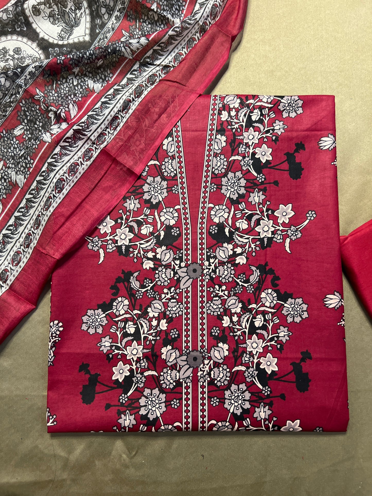 Crimson Red Printed Cotton Suit – Elegant Everyday Wear