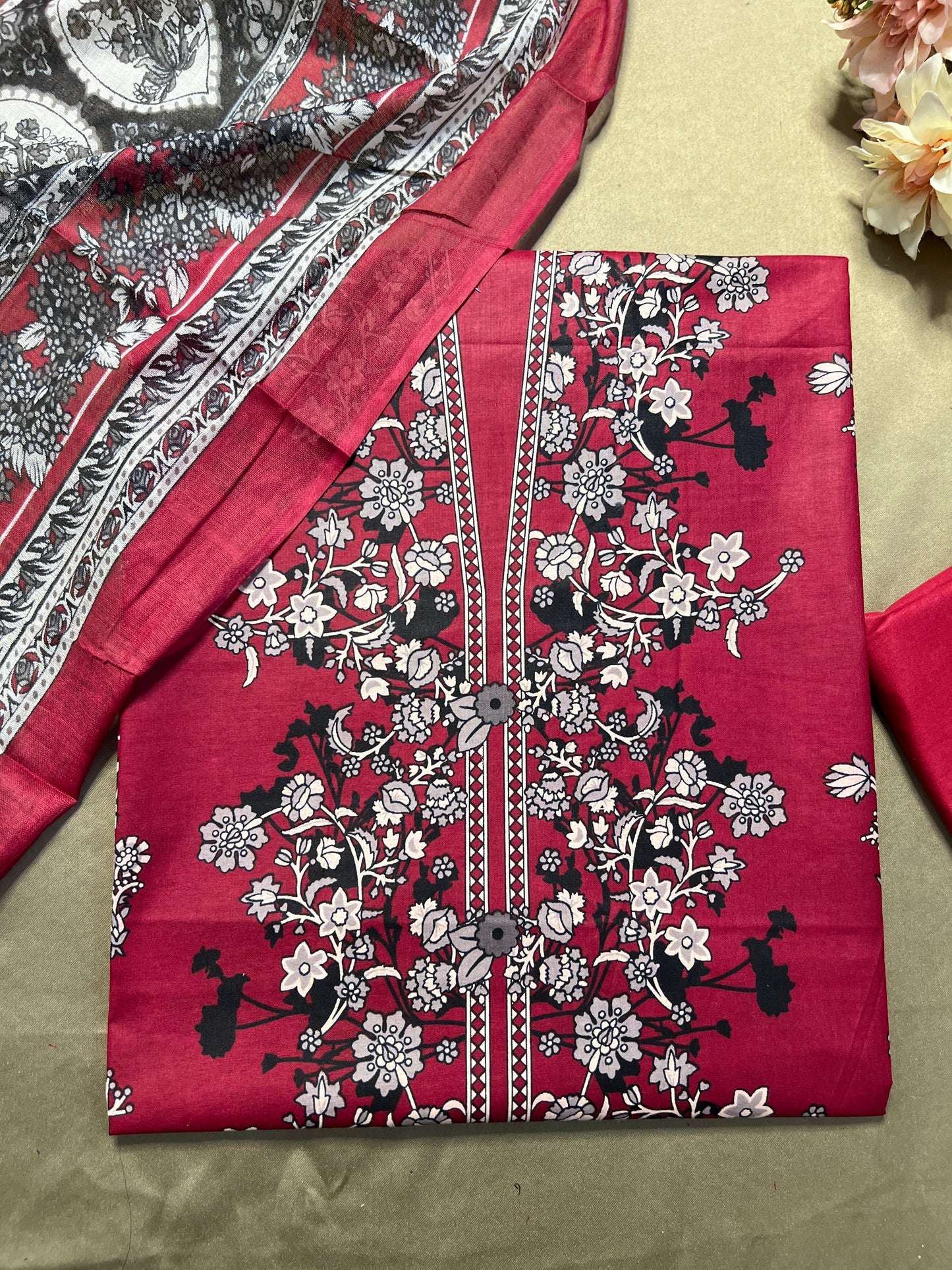 Crimson Red Printed Cotton Suit – Elegant Everyday Wear