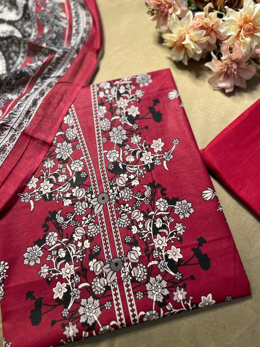 Crimson Red Printed Cotton Suit – Elegant Everyday Wear