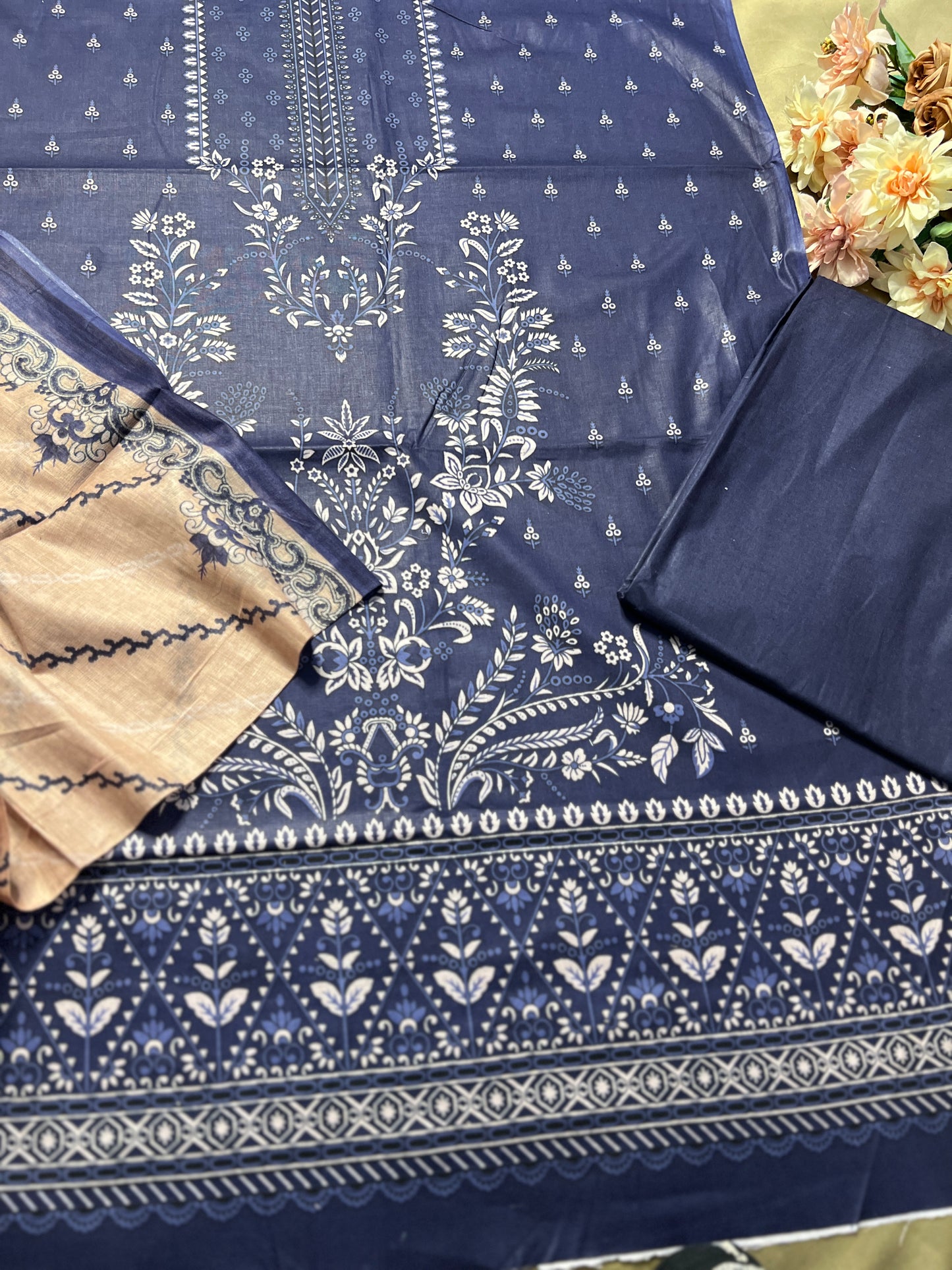 Midnight Blue Karachi Print Cotton Suit – Summer Dailywear Essential