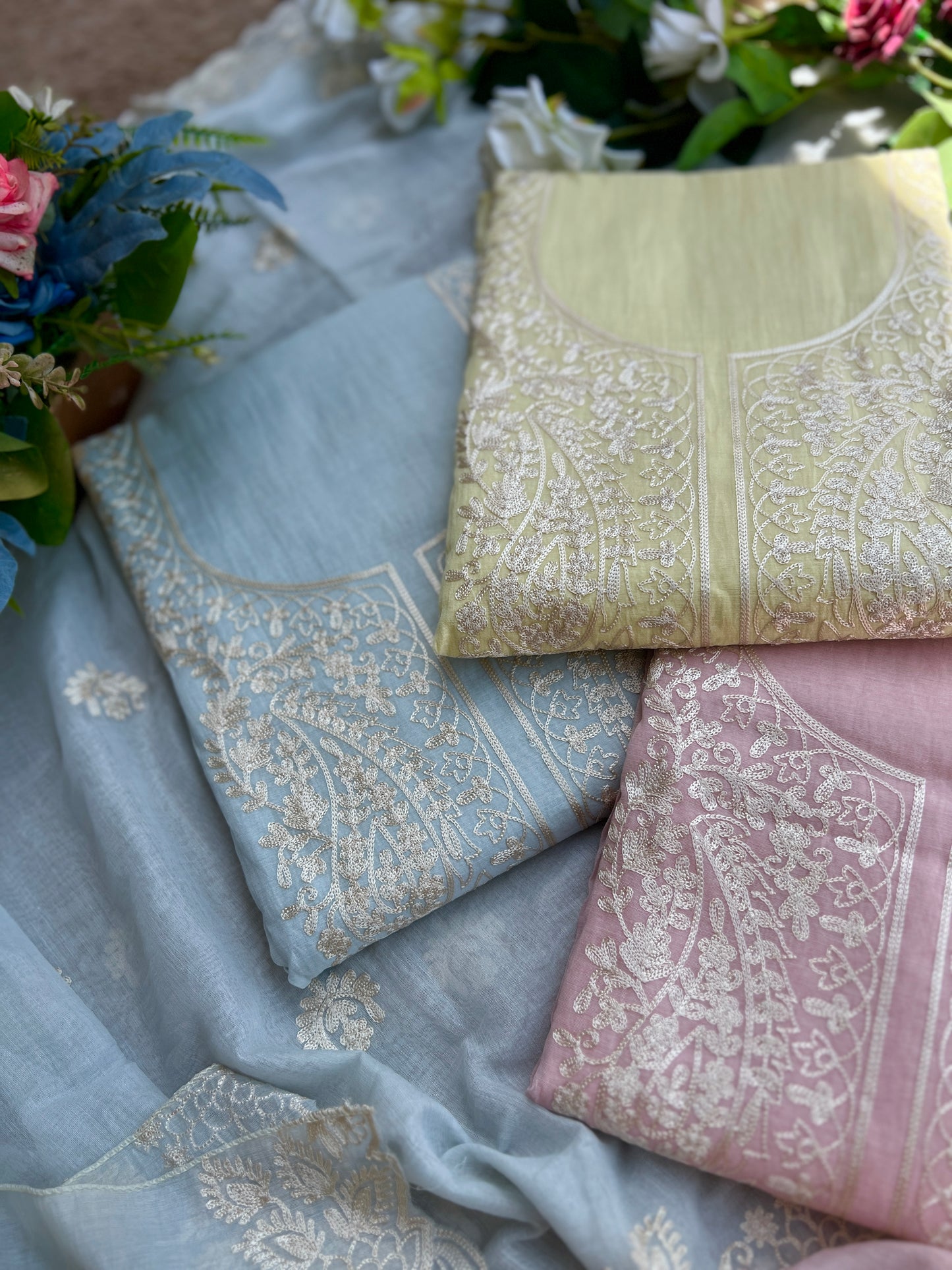 Pastel  Mal Chanderi Embroidered Suit Collection