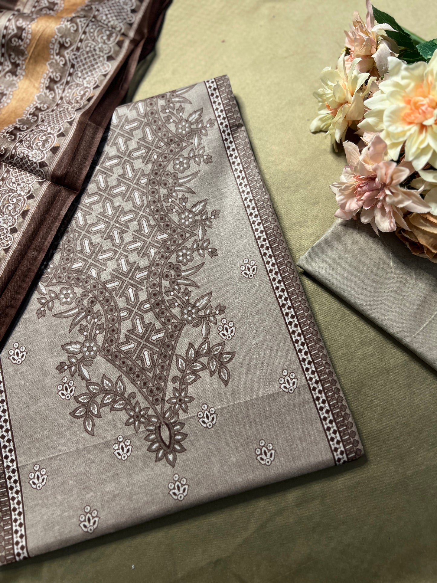 Taupe Brown Karachi Print Cotton Suit – Everyday Summer Comfort