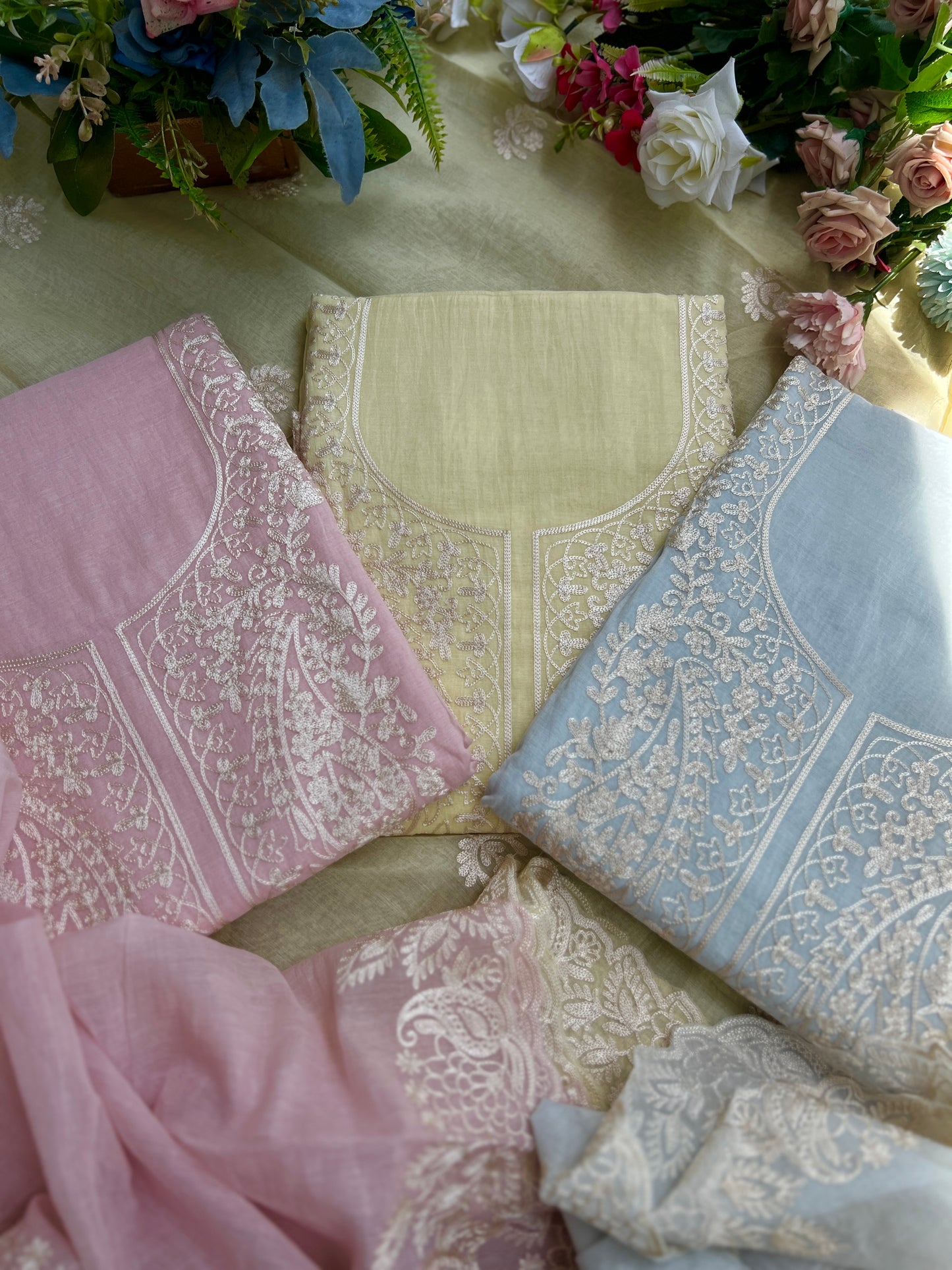 Pastel  Mal Chanderi Embroidered Suit Collection