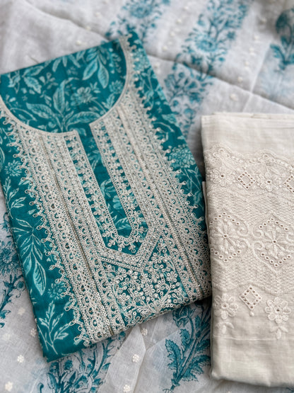 Vibrant Embroidered Cotton Suit with Chikankari Bottom and Embroidered Dupatta