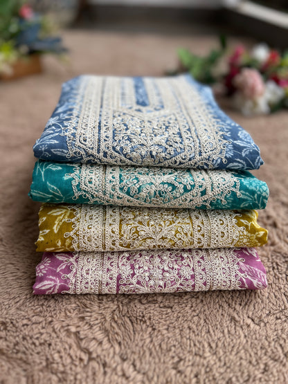 Vibrant Embroidered Cotton Suit with Chikankari Bottom and Embroidered Dupatta