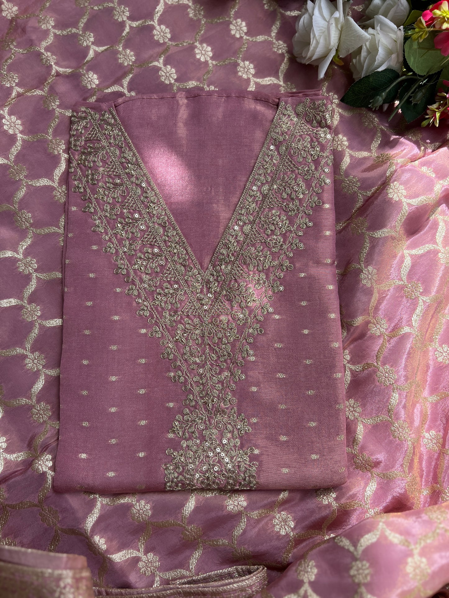 Graceful Shimmer Silk  Embroidered Suit Set