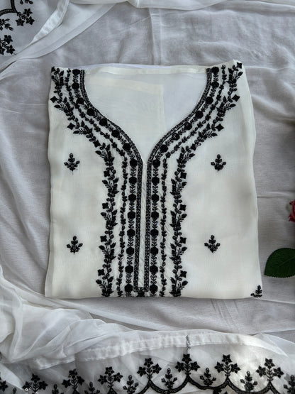 Chic Black and White Embroidered Viscose Organza Suit Set