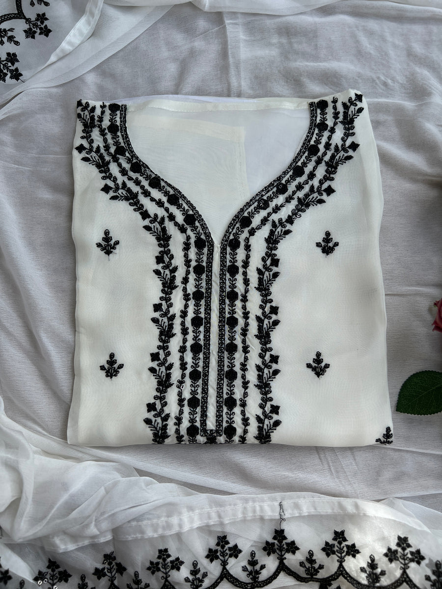 Chic Black and White Embroidered Viscose Organza Suit Set