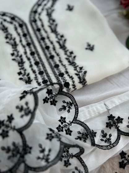 Chic Black and White Embroidered Viscose Organza Suit Set