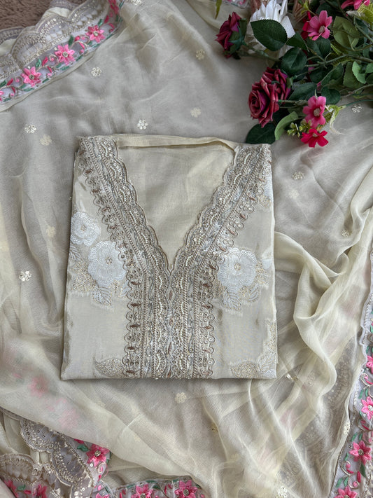 Elegant Ivory Embroidered Suit with Floral Accents