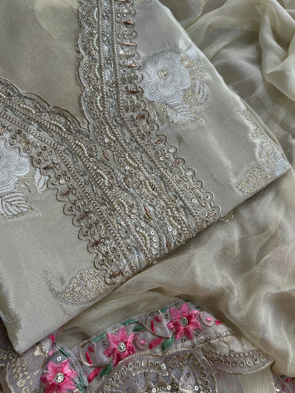 Elegant Ivory Embroidered Suit with Floral Accents