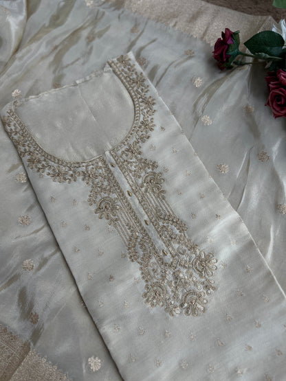 Stunning Ivory Shimmer Silk Unstitched Suit