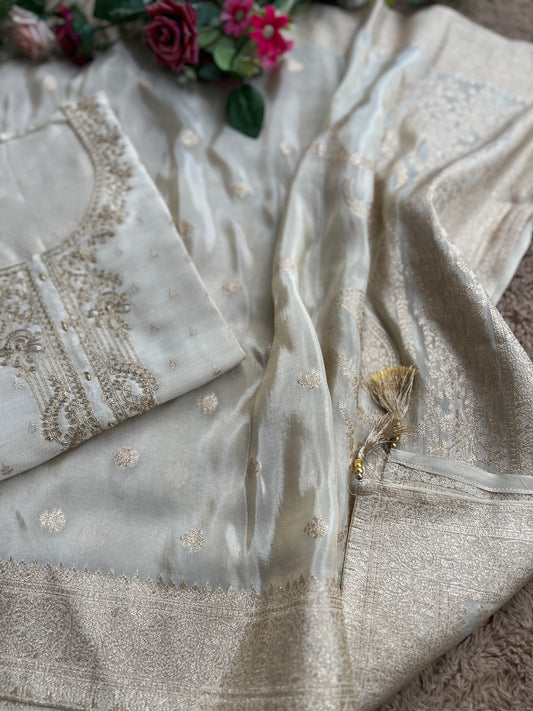 Stunning Ivory Shimmer Silk Unstitched Suit