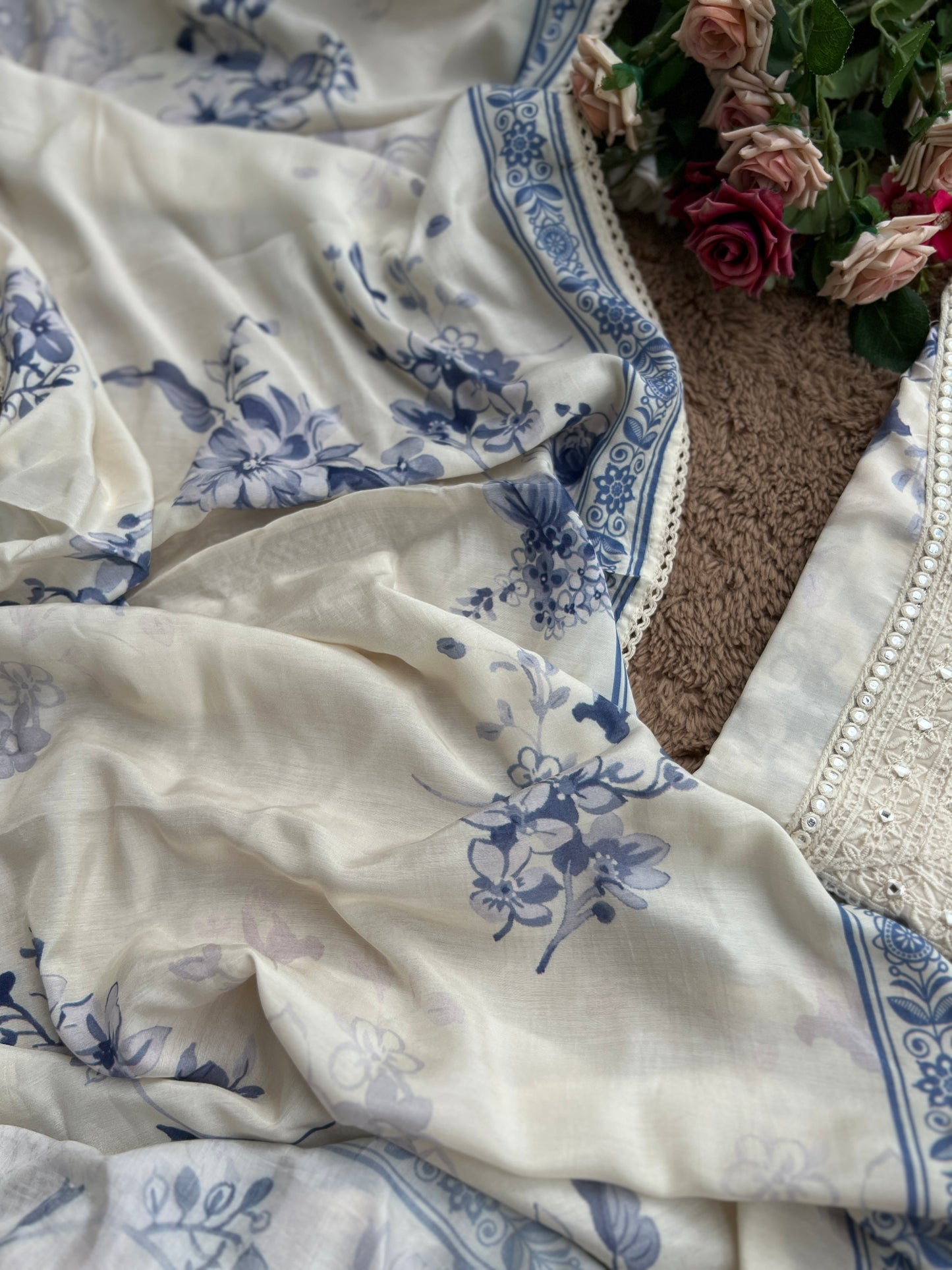 Chic Blue Floral Maslin  Semistiched Salwar Suit