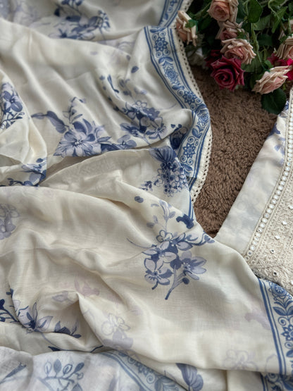 Chic Blue Floral Maslin  Semistiched Salwar Suit