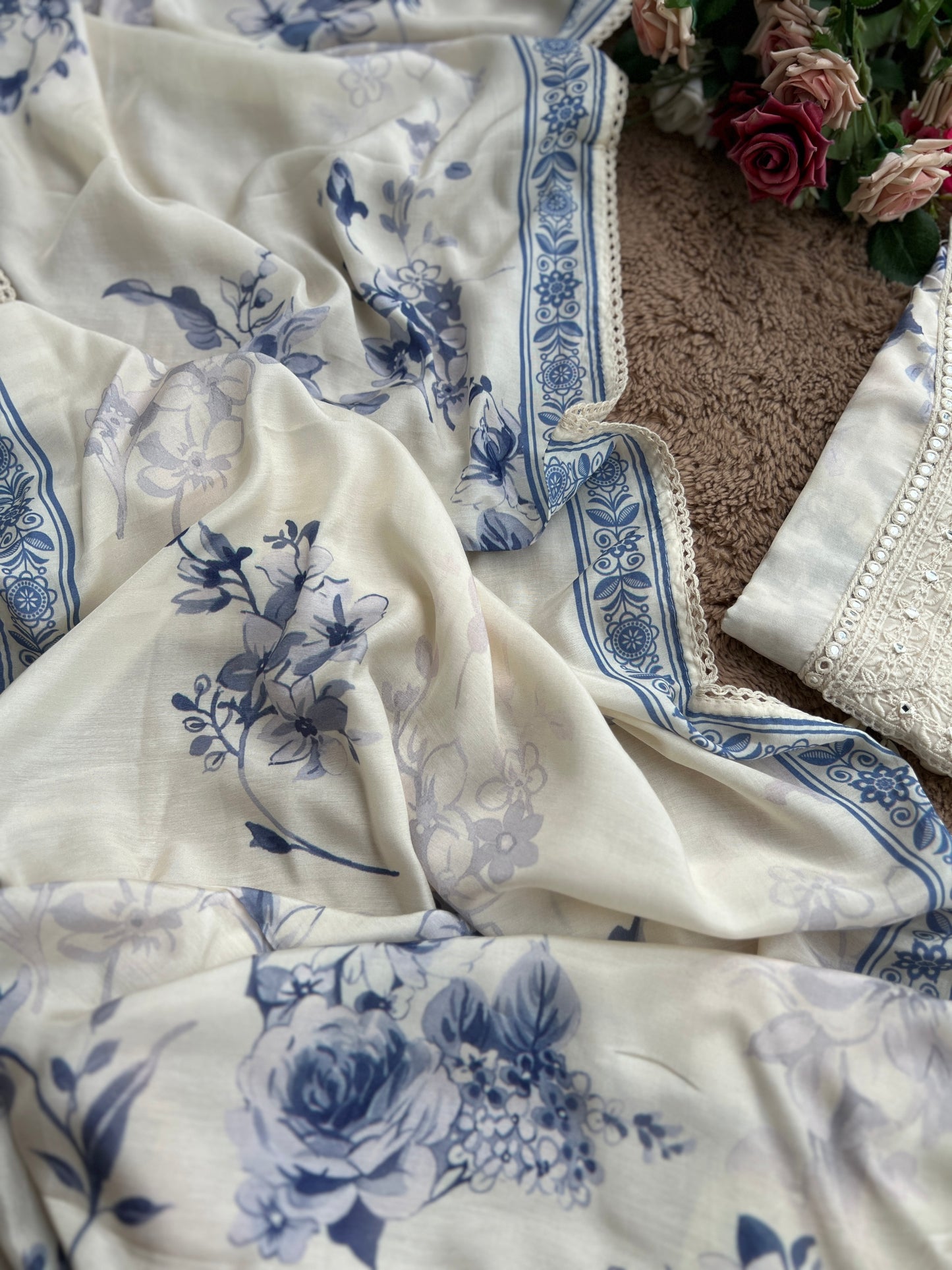 Chic Blue Floral Maslin  Semistiched Salwar Suit