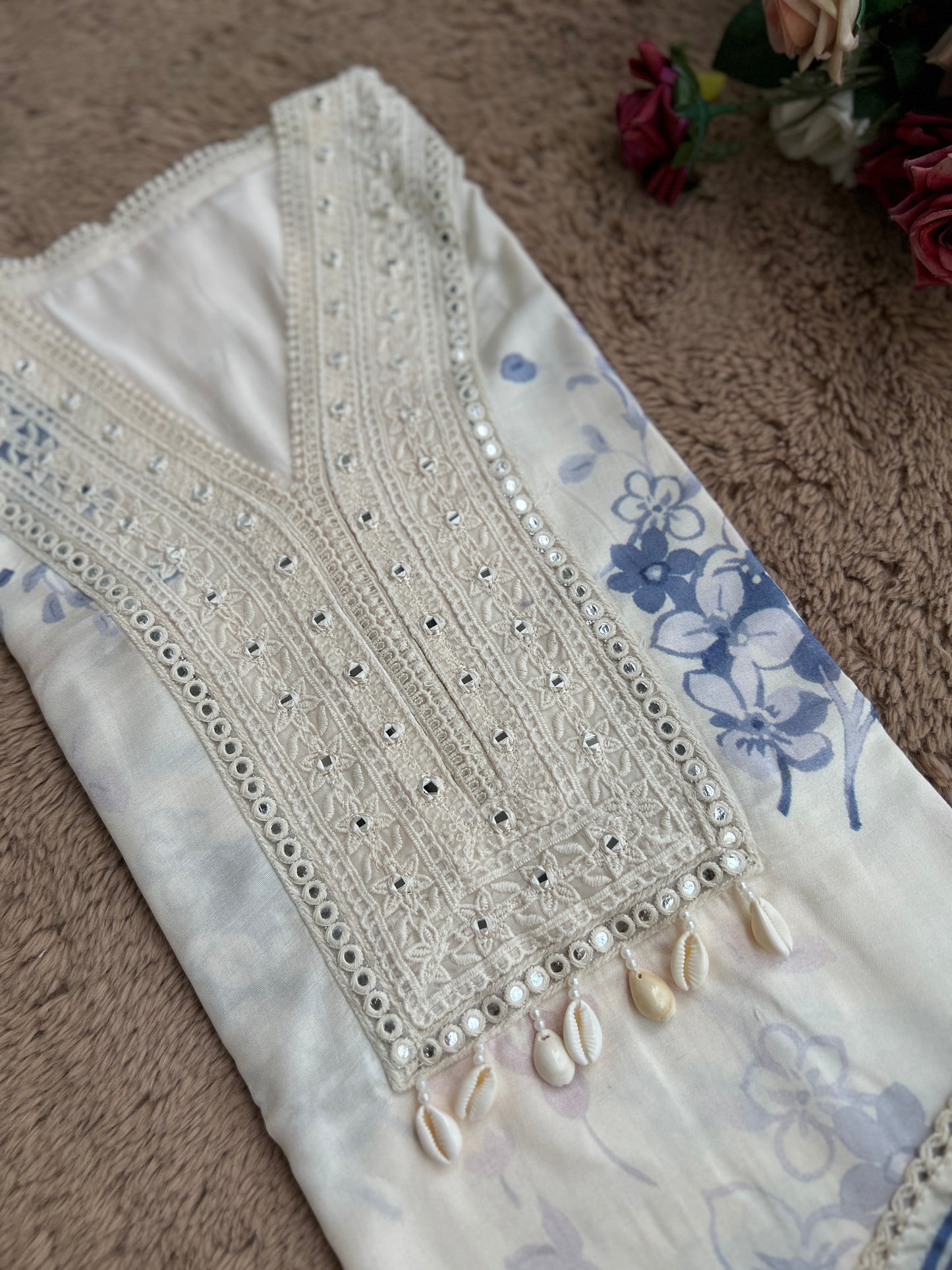Chic Blue Floral Maslin  Semistiched Salwar Suit