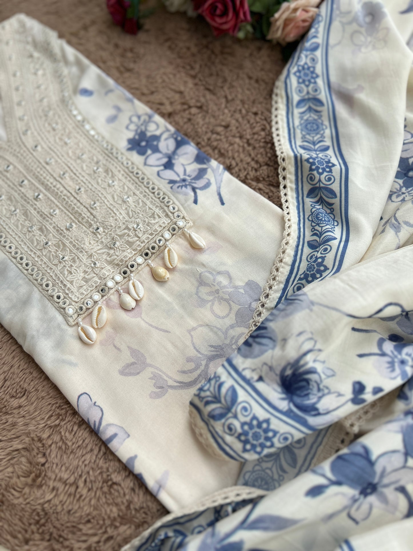 Chic Blue Floral Maslin  Semistiched Salwar Suit