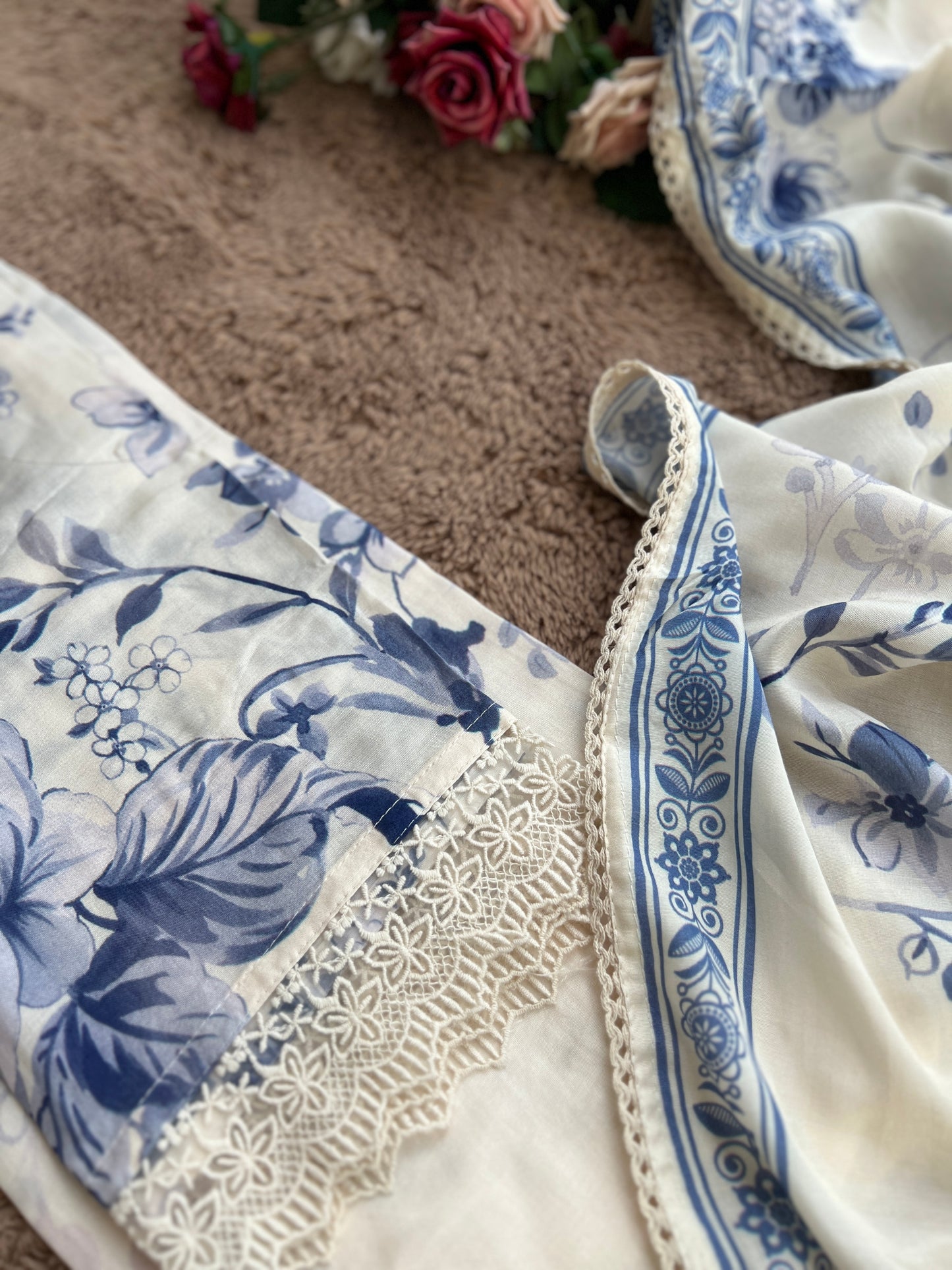 Chic Blue Floral Maslin  Semistiched Salwar Suit