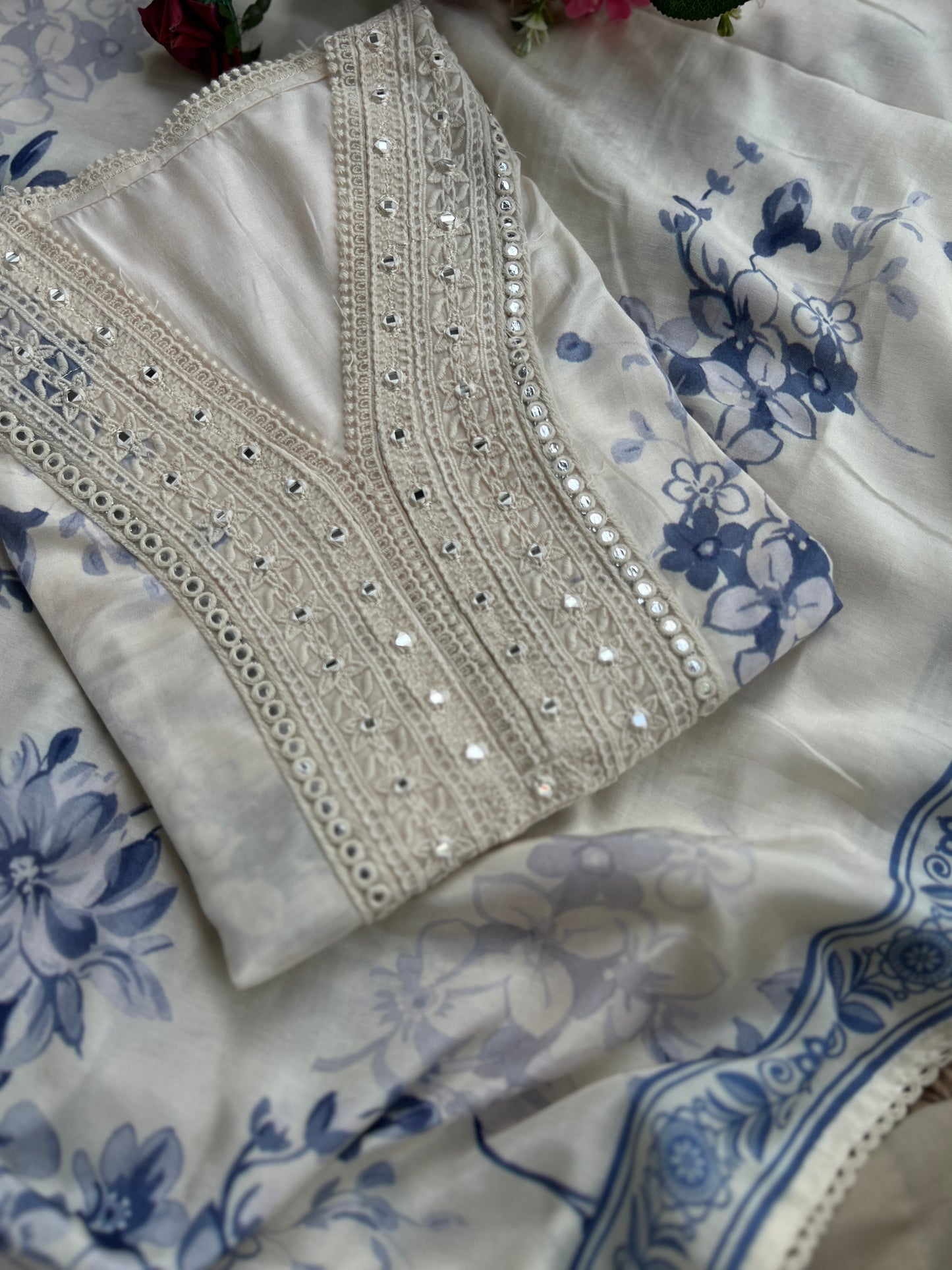 Chic Blue Floral Maslin  Semistiched Salwar Suit