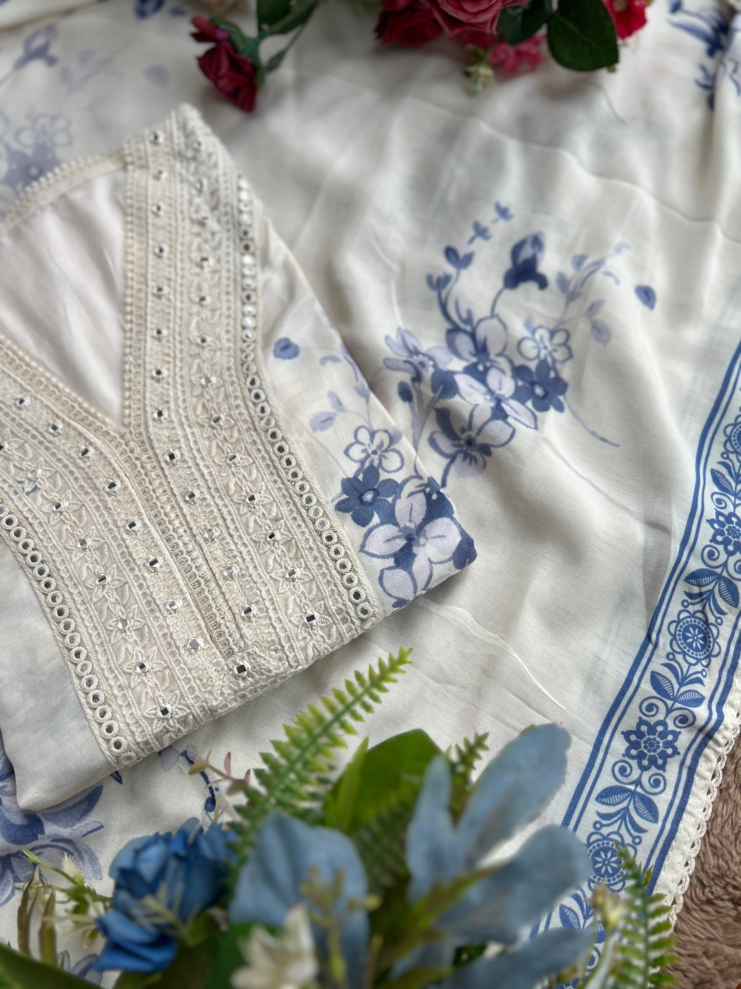Chic Blue Floral Maslin  Semistiched Salwar Suit