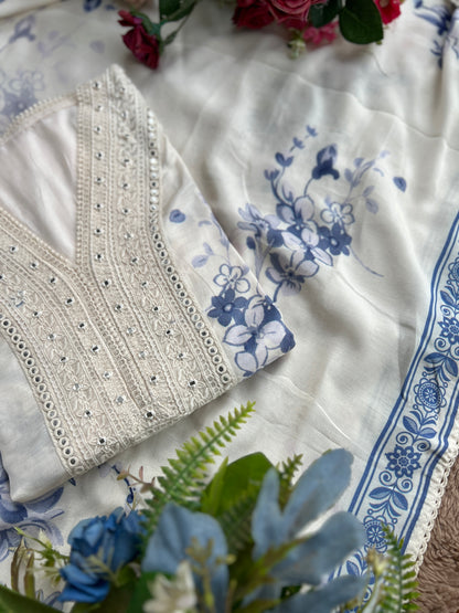 Chic Blue Floral Maslin  Semistiched Salwar Suit