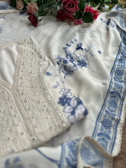 Chic Blue Floral Maslin  Semistiched Salwar Suit