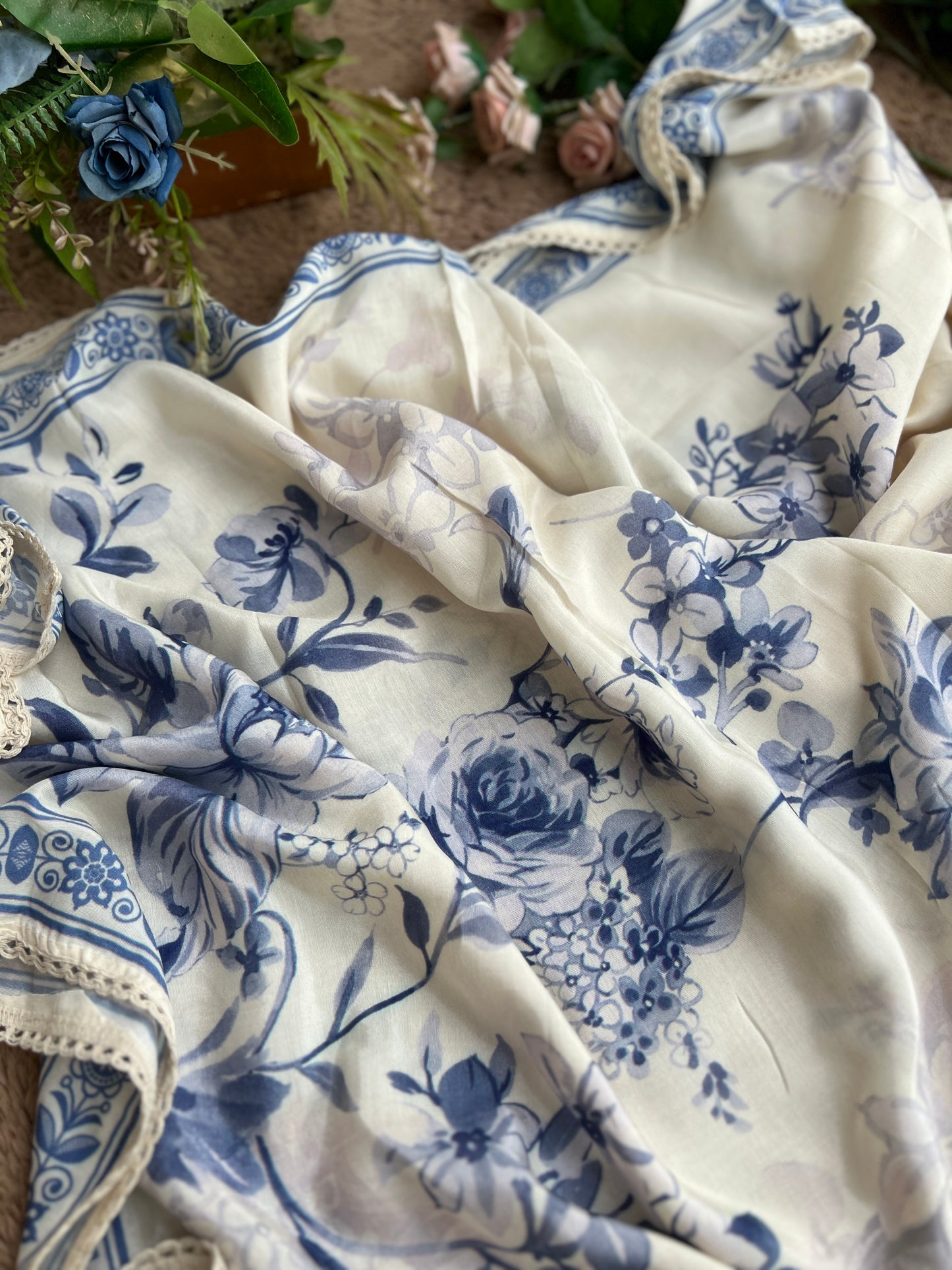 Chic Blue Floral Maslin  Semistiched Salwar Suit