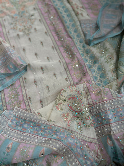 Graceful Pastel Embroidered  Mirror Work Pakistani Semi-Stitched Ensemble