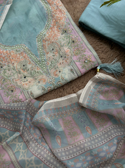 Graceful Pastel Embroidered  Mirror Work Pakistani Semi-Stitched Ensemble