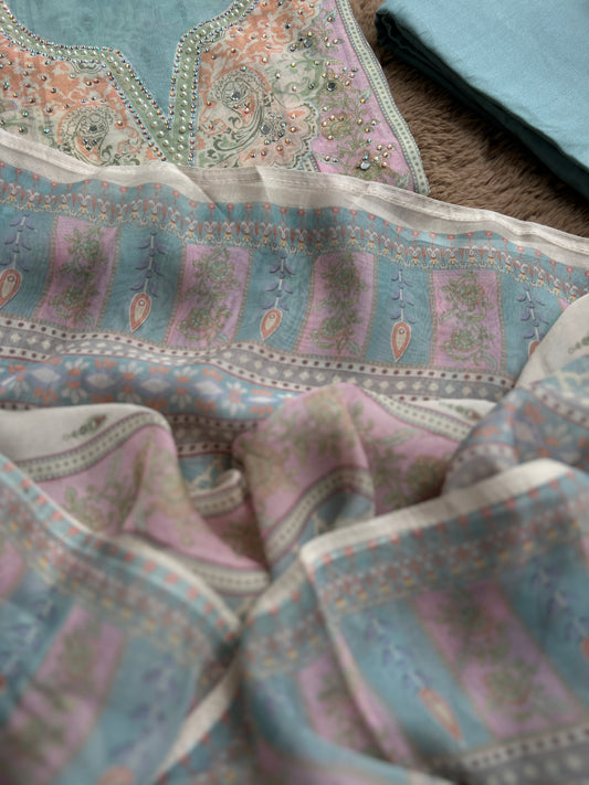 Graceful Pastel Embroidered  Mirror Work Pakistani Semi-Stitched Ensemble