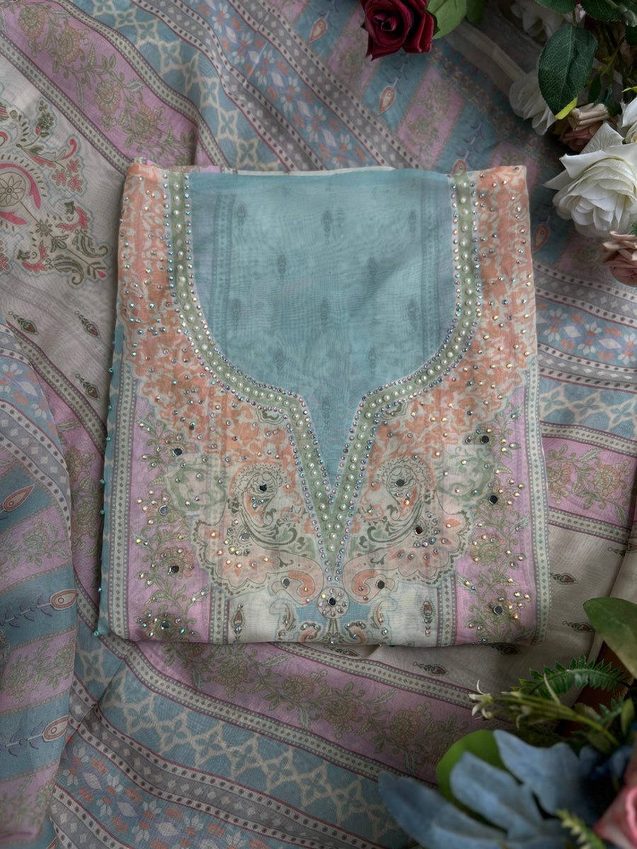 Graceful Pastel Embroidered  Mirror Work Pakistani Semi-Stitched Ensemble