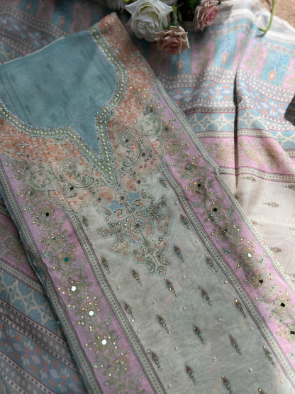 Graceful Pastel Embroidered  Mirror Work Pakistani Semi-Stitched Ensemble