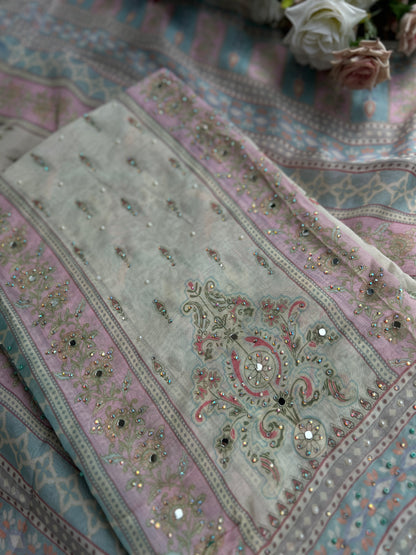 Graceful Pastel Embroidered  Mirror Work Pakistani Semi-Stitched Ensemble