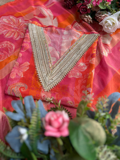 Vibrant Floral dual tone  Shimmer Silk semistched suit