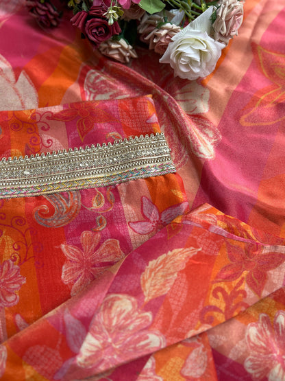 Vibrant Floral dual tone  Shimmer Silk semistched suit