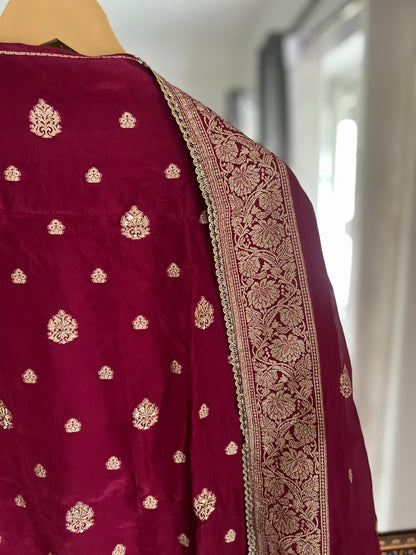 Banarasi woven Floral Silk Suit with Embroidered Detailing & Silk Dupatta