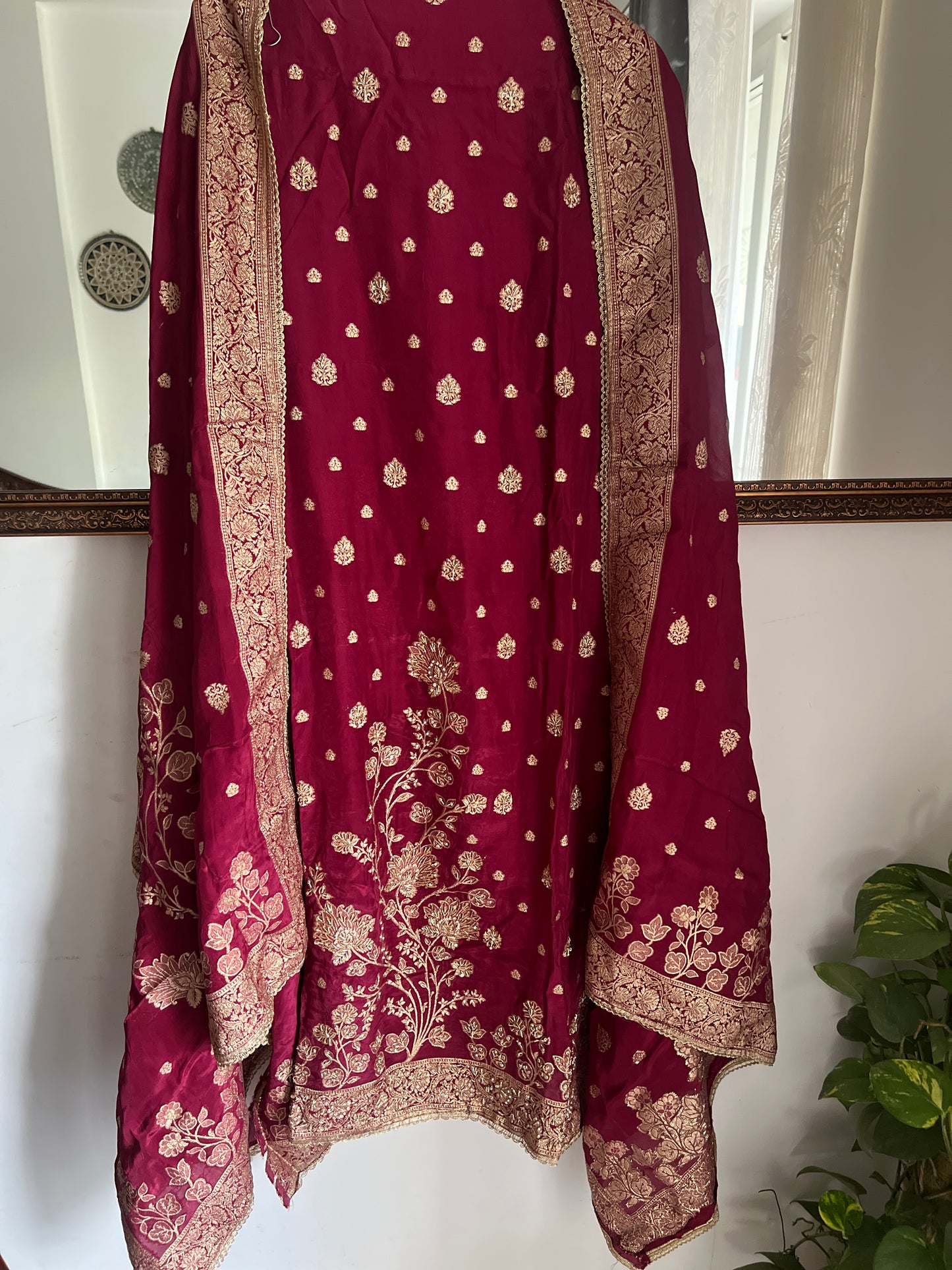Banarasi woven Floral Silk Suit with Embroidered Detailing & Silk Dupatta