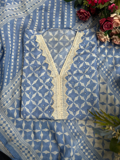 Chic Crepe Organza Semi-Stitched Geometric Print with Beads and Lace
