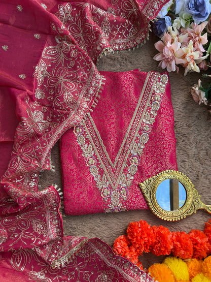 Brocade Banarasi Handwork Suit with Embroidered Dupatta – Timeless Elegance