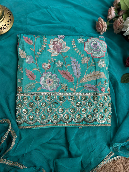 Floral Beadwork Shimmer Silk Suit Set