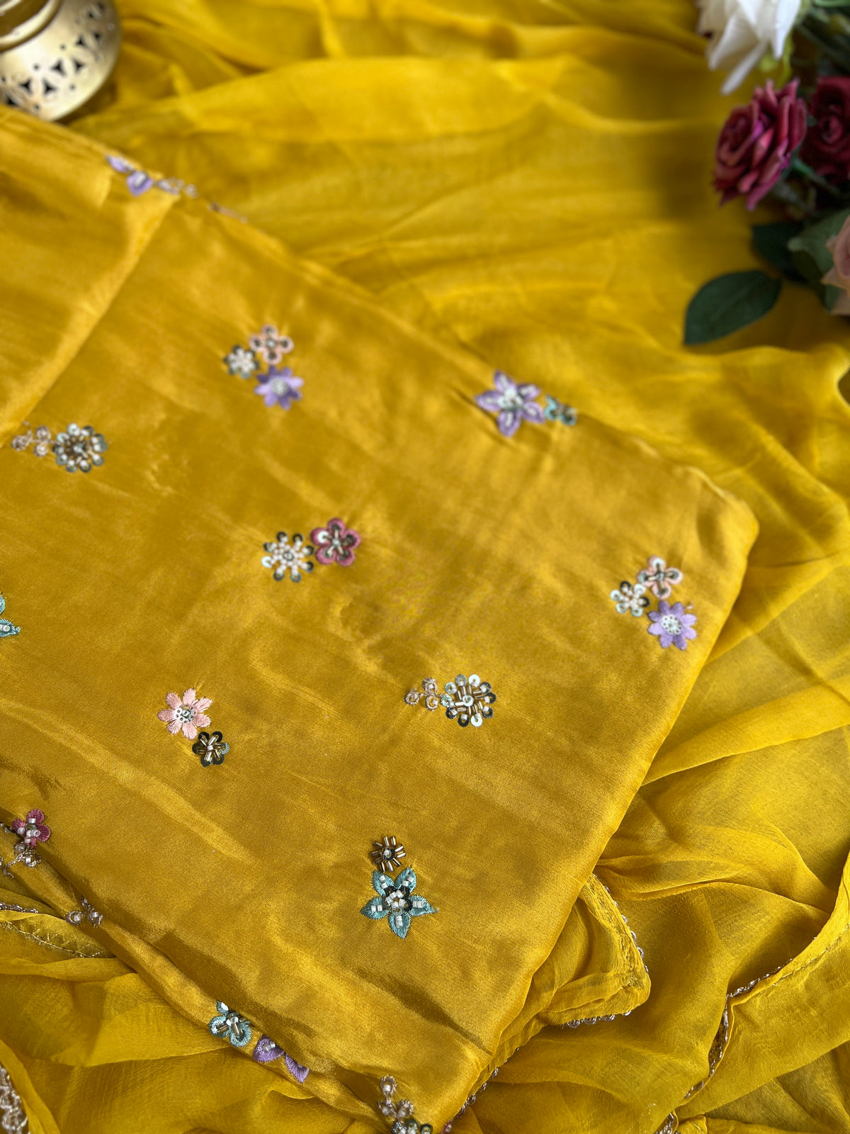 Floral Beadwork Shimmer Silk Suit Set