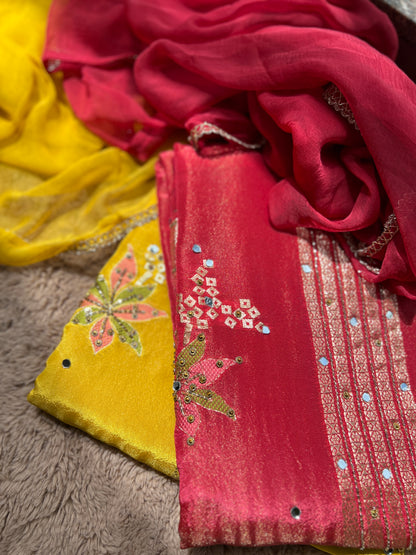 Exquisite Shimmer Jacquard Banarasi Floral Embroidered Suit Set