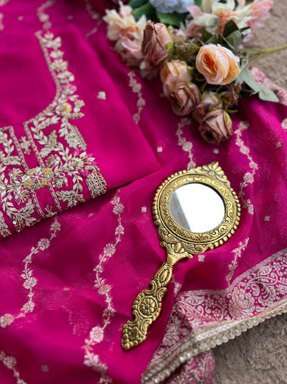 Fuchsia Russian Crepe Suit with Intricate Hand Embroidery & Georgette Banarasi Dupatta