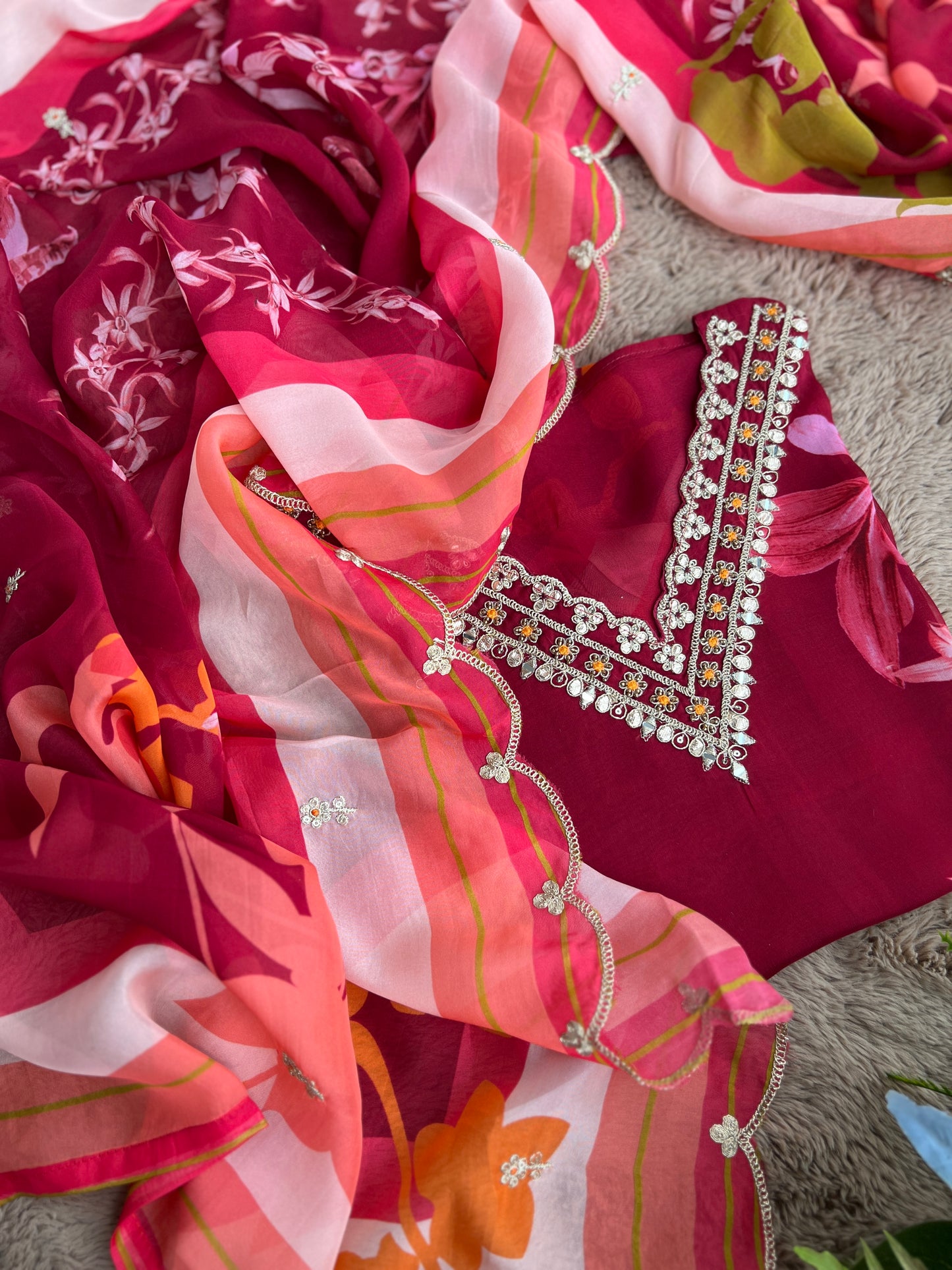 Red Floral Organza Semi-Stitched  Salwar Suit