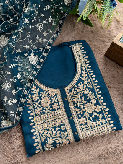 Teal Russian Silk Gota Pita Salwar Suit